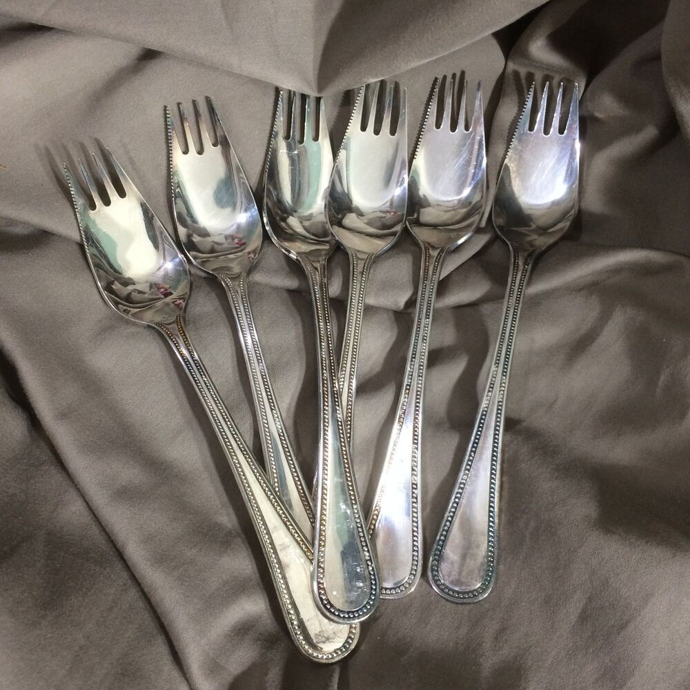 Set of 6 Godinger Silver Plated Beaded Edge Salad Forks Japan Vintage 80s/90s